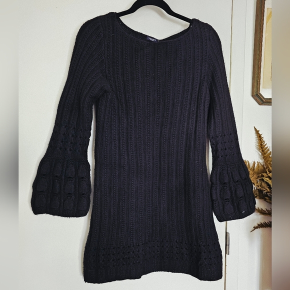 100% Cashmere Magaschoni Ribbed Knit Black Sweater Dress with Bell Sleeves - Picture 6 of 13